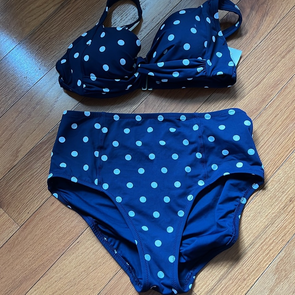 Lands End navy with white polka dots  2 piece bathing suit